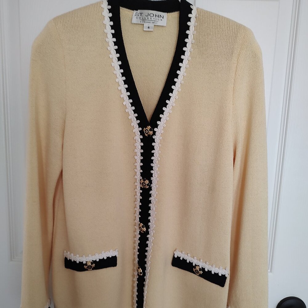 ST JOHN COLLECTION JACKET SANTANA KNIT MARIE GRAY L/SLV YELLOW BLACK IVORY 4